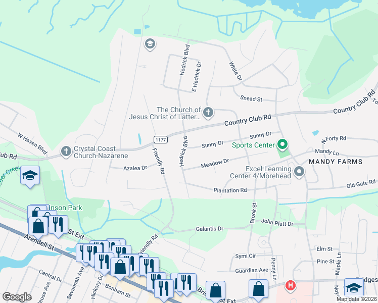 map of restaurants, bars, coffee shops, grocery stores, and more near 3626 Meadow Drive in Morehead City