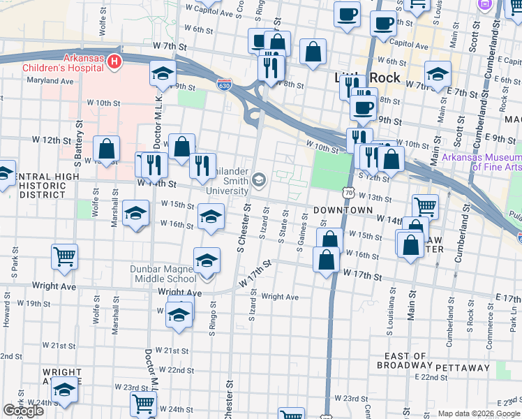 map of restaurants, bars, coffee shops, grocery stores, and more near 913 West 15th Street in Little Rock