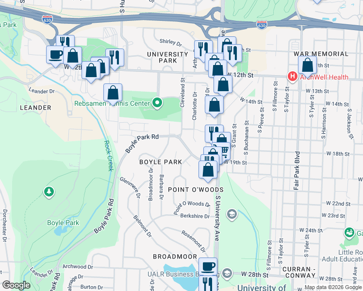 map of restaurants, bars, coffee shops, grocery stores, and more near 6201 Boyle Park Road in Little Rock