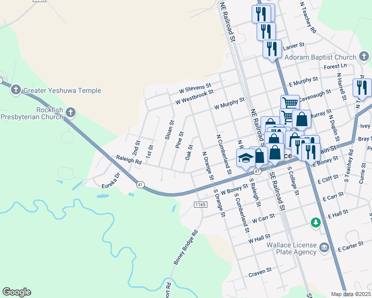 map of restaurants, bars, coffee shops, grocery stores, and more near 218 Oak Street in Wallace