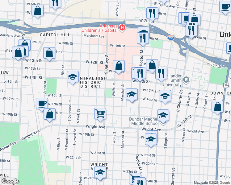 map of restaurants, bars, coffee shops, grocery stores, and more near 1811 West 16th Street in Little Rock