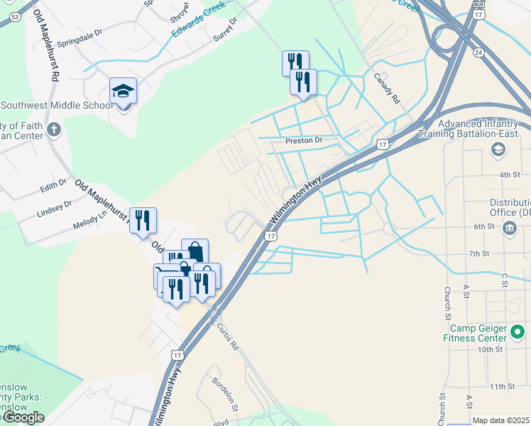 map of restaurants, bars, coffee shops, grocery stores, and more near 1820 Wilmington Highway in Jacksonville