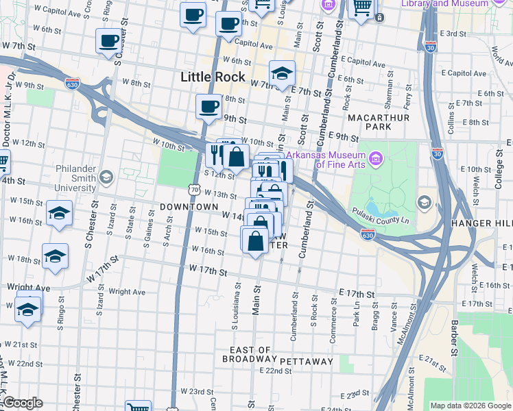 map of restaurants, bars, coffee shops, grocery stores, and more near 121 West Daisy L Gatson Bates Drive in Little Rock