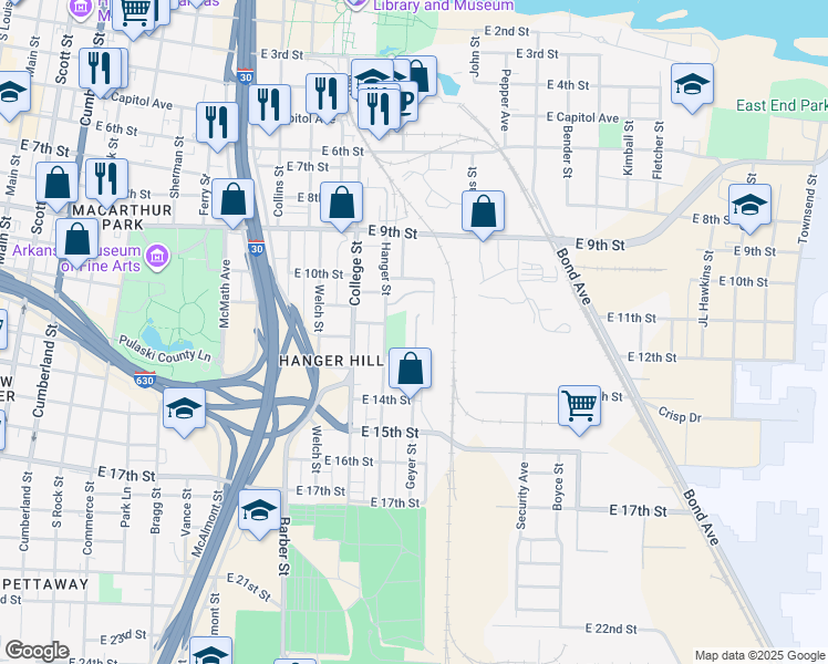 map of restaurants, bars, coffee shops, grocery stores, and more near 1220 Geyer Street in Little Rock