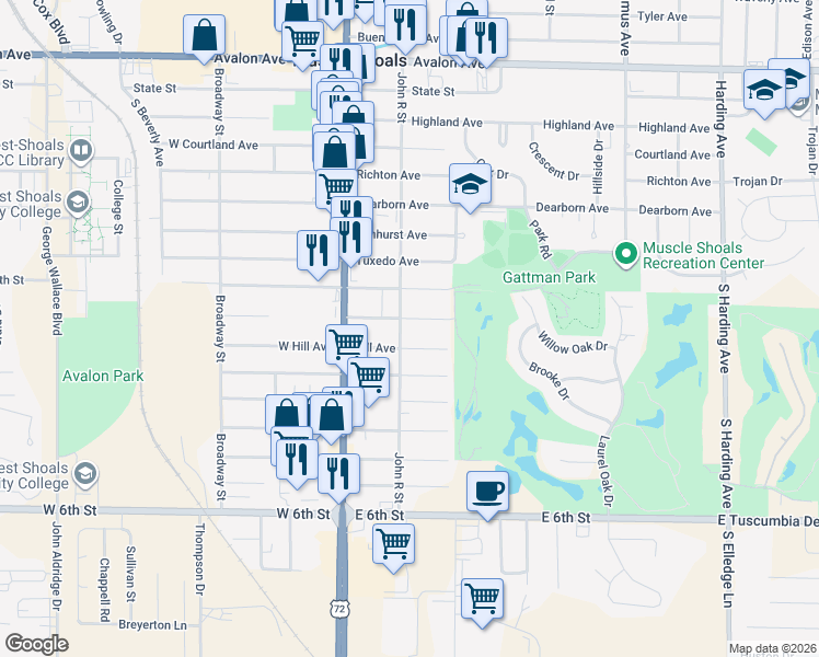 map of restaurants, bars, coffee shops, grocery stores, and more near 700-798 Hill Avenue in Muscle Shoals