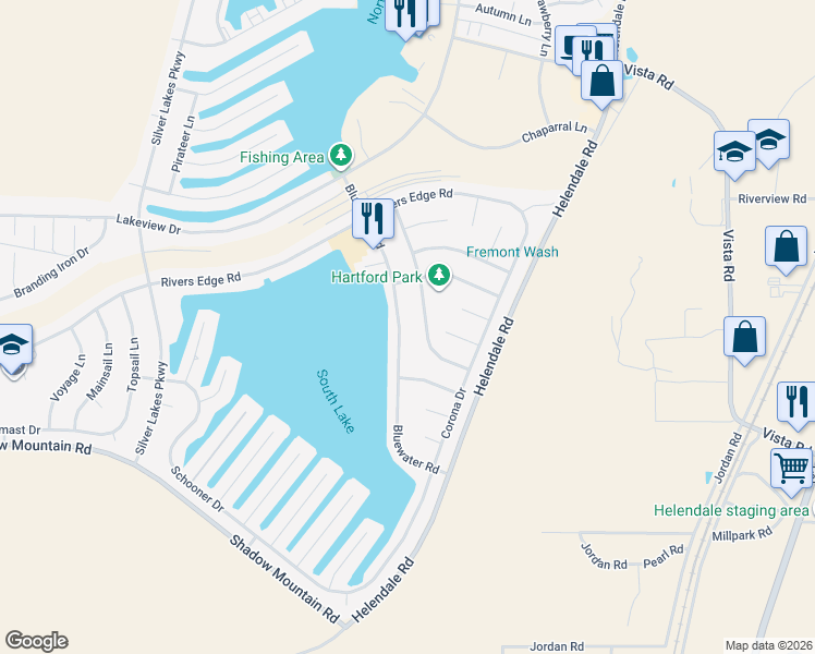 map of restaurants, bars, coffee shops, grocery stores, and more near 26659 Bluewater Road in Helendale