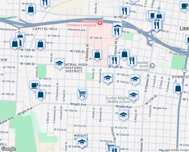 map of restaurants, bars, coffee shops, grocery stores, and more near 1811 West 16th Street in Little Rock