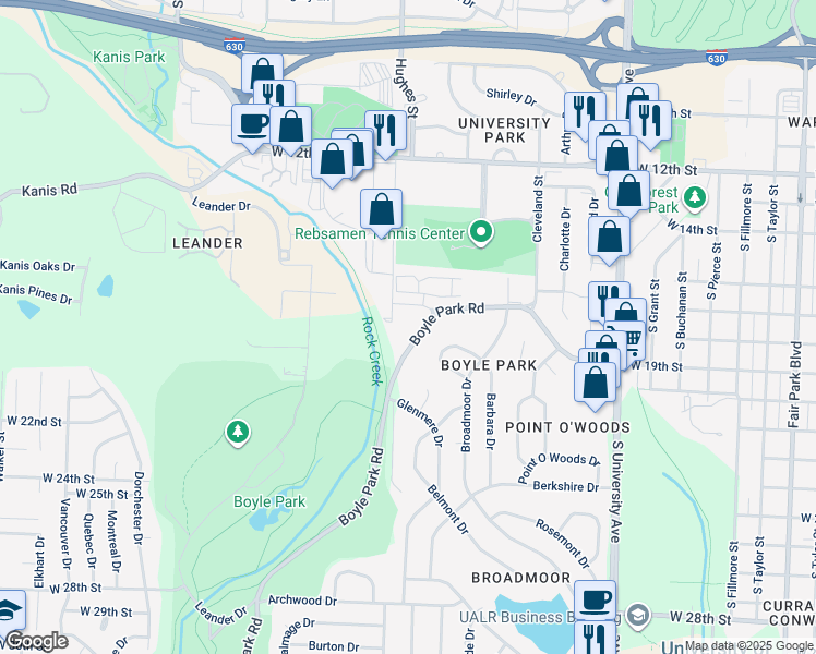 map of restaurants, bars, coffee shops, grocery stores, and more near 1701 Westpark Drive in Little Rock
