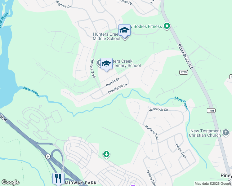 map of restaurants, bars, coffee shops, grocery stores, and more near 2032 Brandymill Lane in Jacksonville