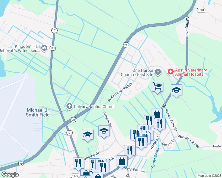 map of restaurants, bars, coffee shops, grocery stores, and more near 805 Professional Park Drive in Beaufort