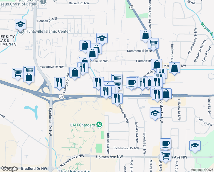 map of restaurants, bars, coffee shops, grocery stores, and more near 1300 Lancewood Drive Northwest in Huntsville