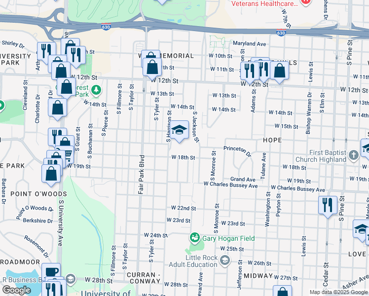 map of restaurants, bars, coffee shops, grocery stores, and more near 1701 South Harrison Street in Little Rock