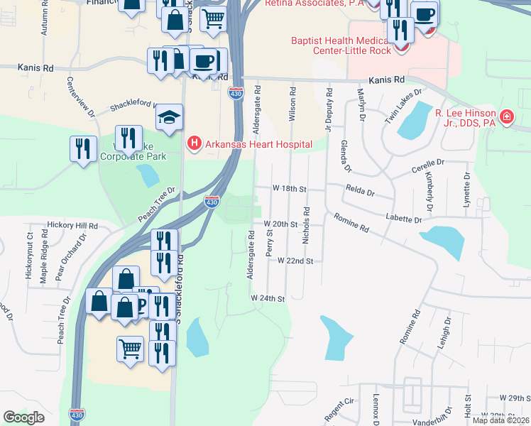 map of restaurants, bars, coffee shops, grocery stores, and more near 1812 Perry Street in Little Rock