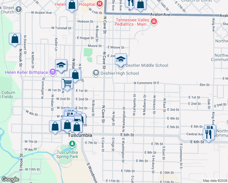 map of restaurants, bars, coffee shops, grocery stores, and more near 500 North High Street in Tuscumbia