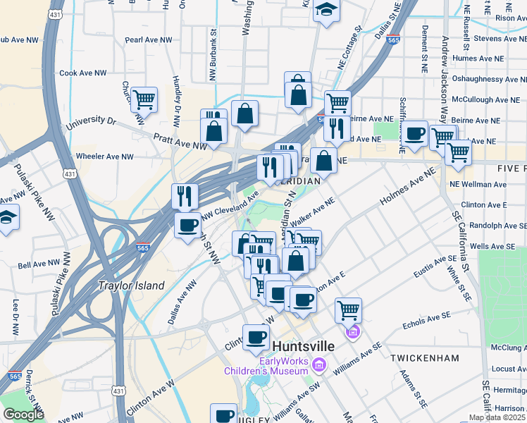 map of restaurants, bars, coffee shops, grocery stores, and more near Gateway Greenway in Huntsville