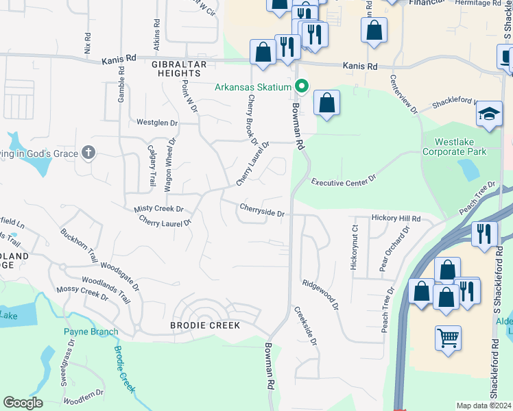 map of restaurants, bars, coffee shops, grocery stores, and more near 12200 Cherryside Drive in Little Rock