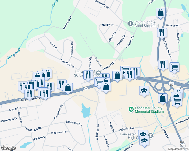 map of restaurants, bars, coffee shops, grocery stores, and more near 1315 Brook Drive in Lancaster
