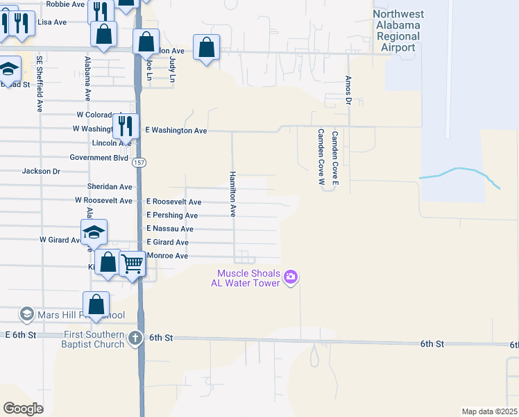 map of restaurants, bars, coffee shops, grocery stores, and more near 413 East Roosevelt Avenue in Muscle Shoals
