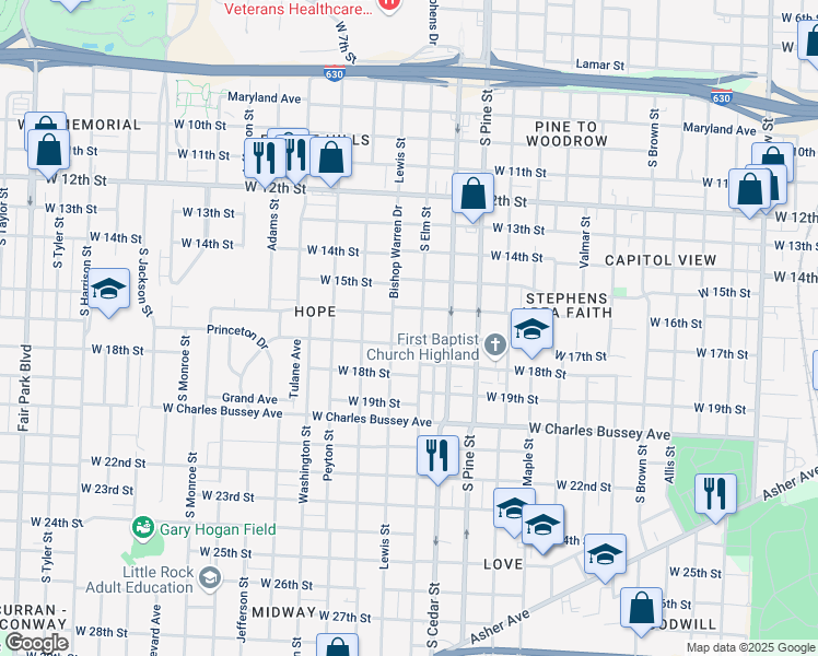 map of restaurants, bars, coffee shops, grocery stores, and more near 1523 South Elm Street in Little Rock