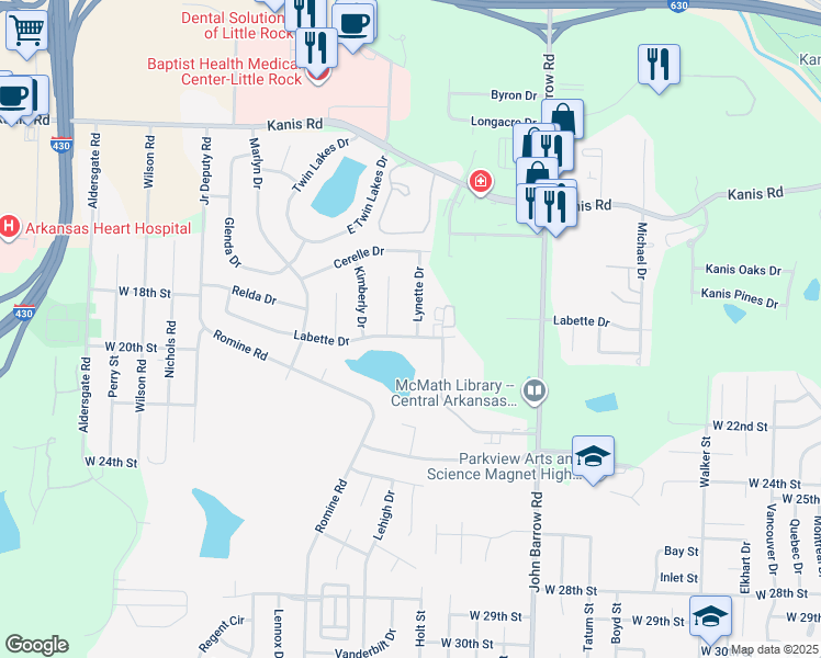map of restaurants, bars, coffee shops, grocery stores, and more near 9218 Labette Drive in Little Rock
