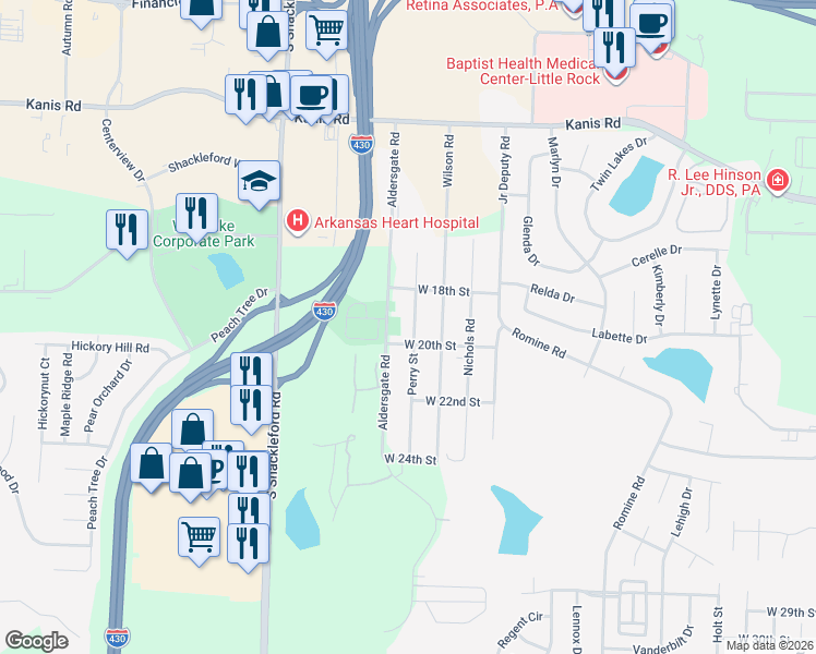 map of restaurants, bars, coffee shops, grocery stores, and more near 1812 Perry Street in Little Rock