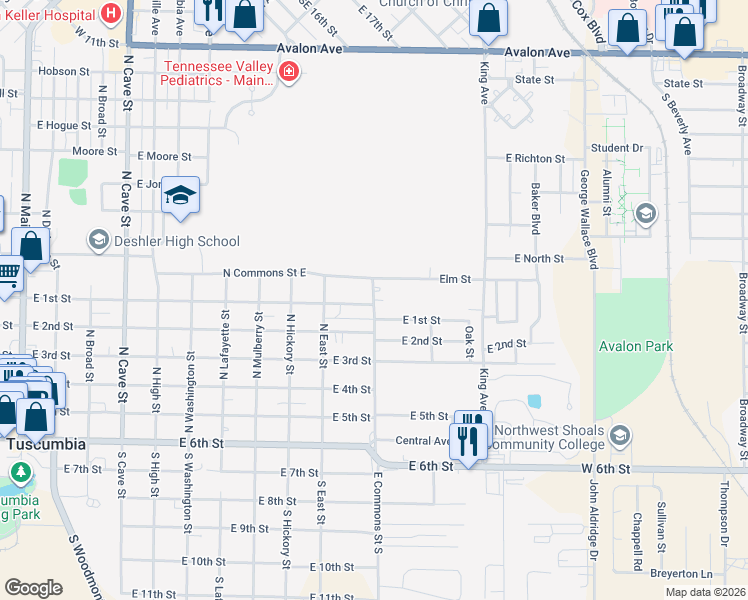 map of restaurants, bars, coffee shops, grocery stores, and more near 654 East Commons Street North in Tuscumbia