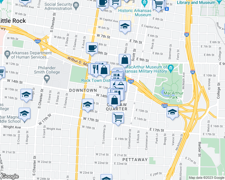 map of restaurants, bars, coffee shops, grocery stores, and more near 1301 South Louisiana Street in Little Rock