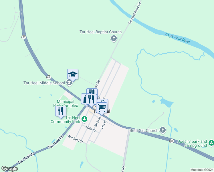 map of restaurants, bars, coffee shops, grocery stores, and more near 226 Holly Street in Tar Heel