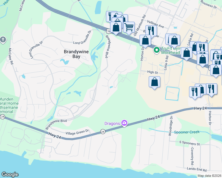map of restaurants, bars, coffee shops, grocery stores, and more near 213 Carefree Lane in Morehead City