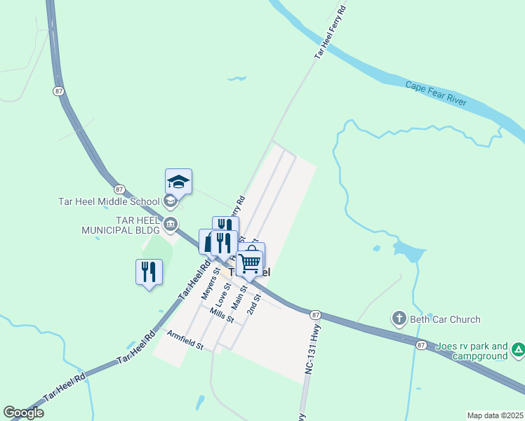 map of restaurants, bars, coffee shops, grocery stores, and more near 226 Holly Street in Tar Heel
