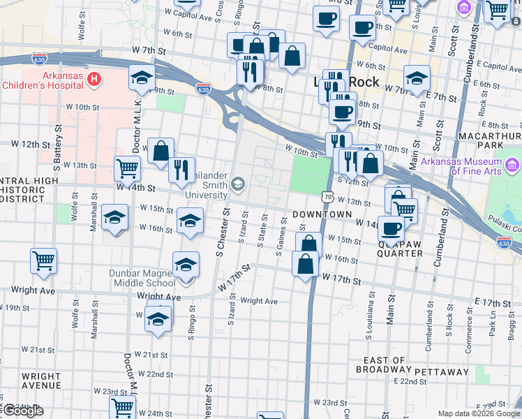 map of restaurants, bars, coffee shops, grocery stores, and more near 1400 South State Street in Little Rock