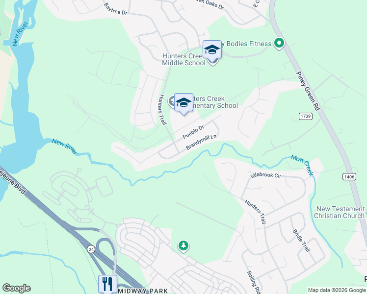 map of restaurants, bars, coffee shops, grocery stores, and more near 2017 Brandymill Lane in Jacksonville