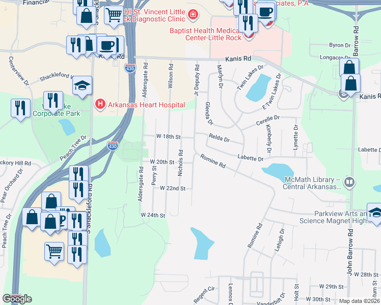 map of restaurants, bars, coffee shops, grocery stores, and more near 1805 Nichols Road in Little Rock