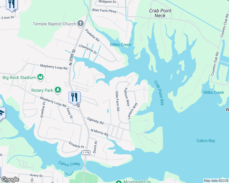 map of restaurants, bars, coffee shops, grocery stores, and more near 1813 Olde Farm Road in Morehead City