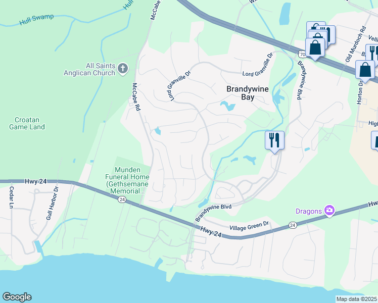 map of restaurants, bars, coffee shops, grocery stores, and more near 106-112 Fairway Drive West in Morehead City