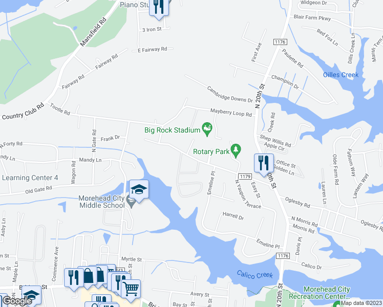 map of restaurants, bars, coffee shops, grocery stores, and more near 2320 Mayberry Loop Road in Morehead City