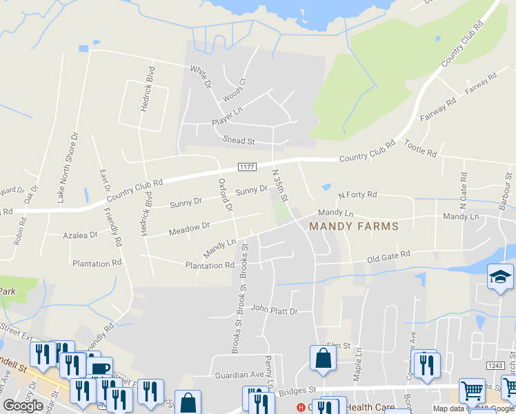 map of restaurants, bars, coffee shops, grocery stores, and more near 3510 Meadow Drive in Morehead City