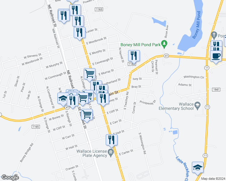 map of restaurants, bars, coffee shops, grocery stores, and more near 409 East Main Street in Wallace