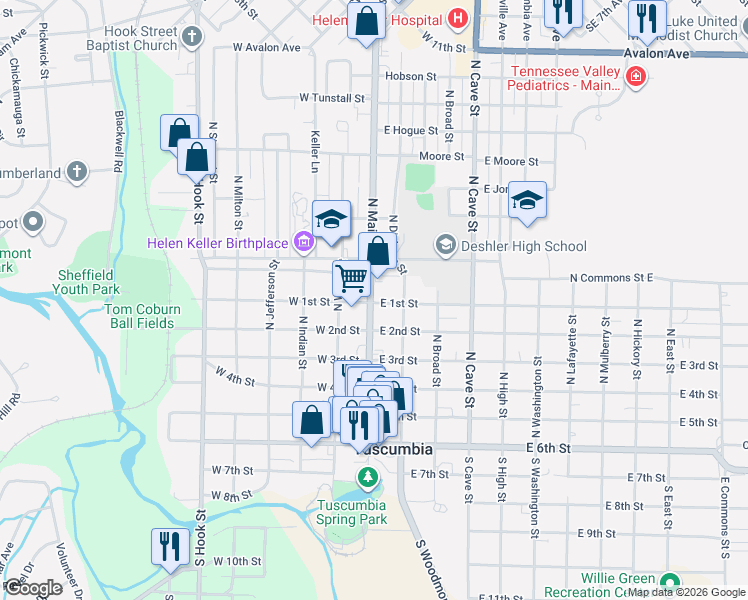 map of restaurants, bars, coffee shops, grocery stores, and more near East 1st Street in Tuscumbia