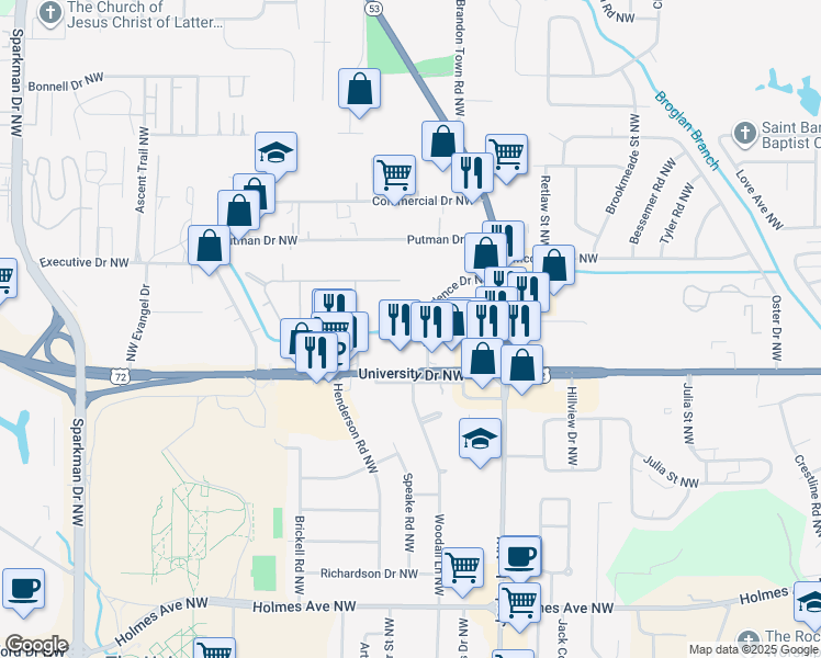 map of restaurants, bars, coffee shops, grocery stores, and more near 4020 Independence Drive Northwest in Huntsville