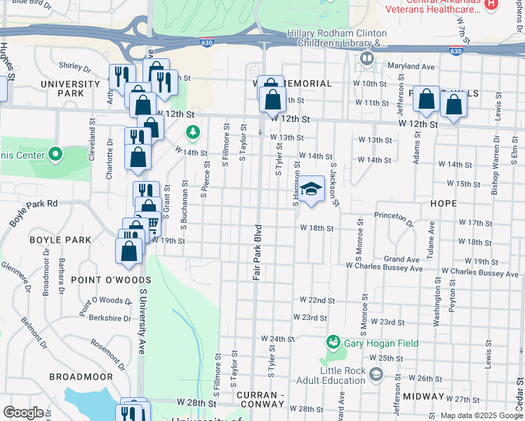 map of restaurants, bars, coffee shops, grocery stores, and more near 1614 South Tyler Street in Little Rock