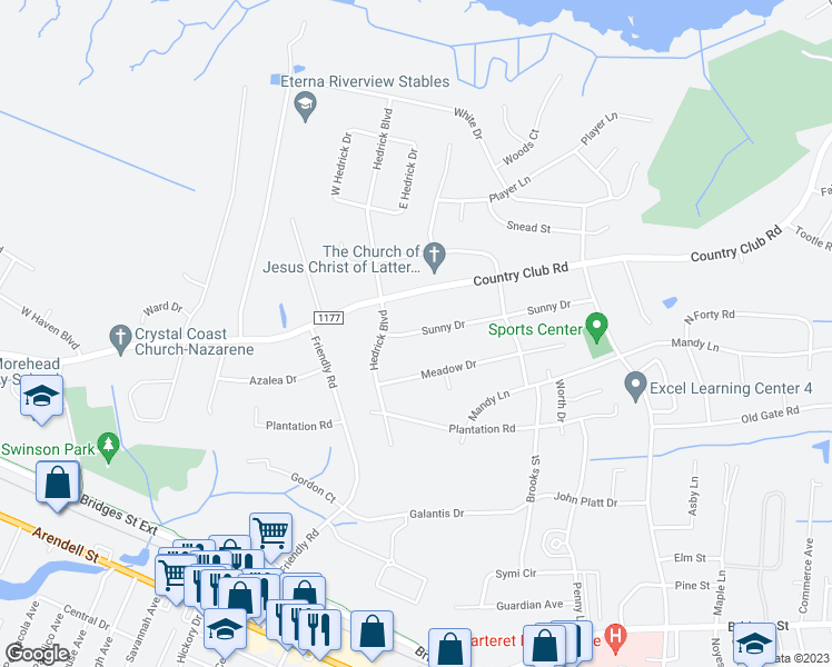 map of restaurants, bars, coffee shops, grocery stores, and more near 3601 Sunny Drive in Morehead City