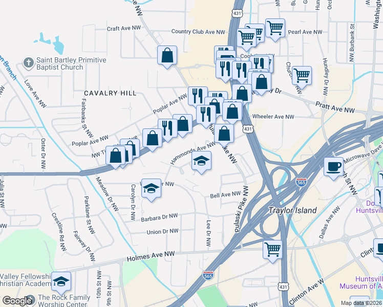map of restaurants, bars, coffee shops, grocery stores, and more near 2300 Hammonds Avenue Northwest in Huntsville