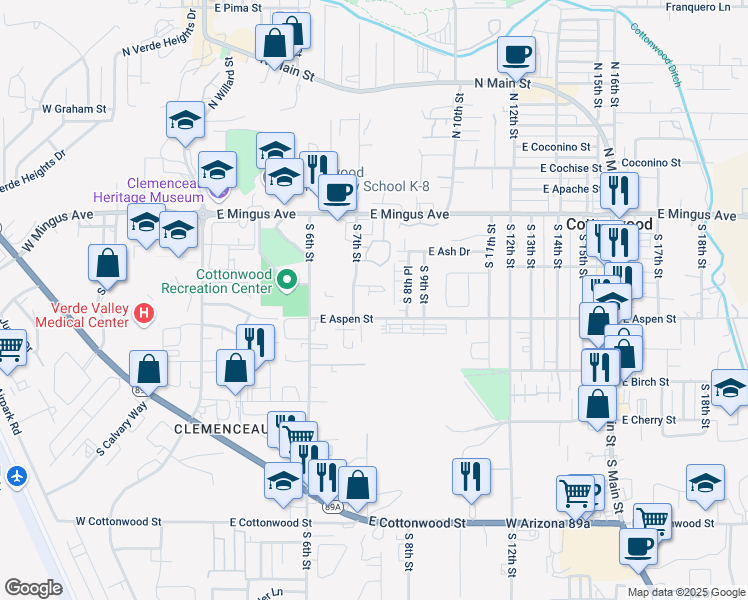 map of restaurants, bars, coffee shops, grocery stores, and more near 650 East Aspen Street in Cottonwood