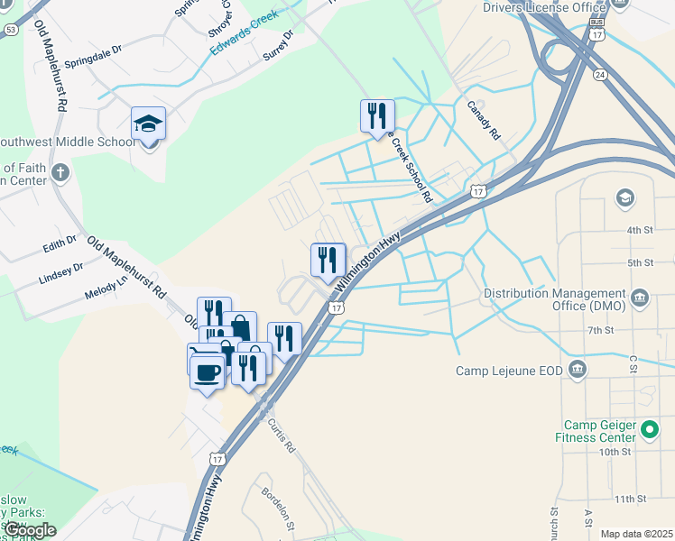 map of restaurants, bars, coffee shops, grocery stores, and more near 1832 Wilmington Highway in Jacksonville