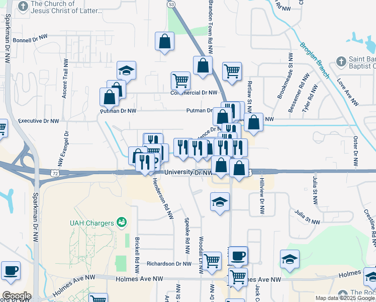 map of restaurants, bars, coffee shops, grocery stores, and more near 4020 Independence Drive Northwest in Huntsville