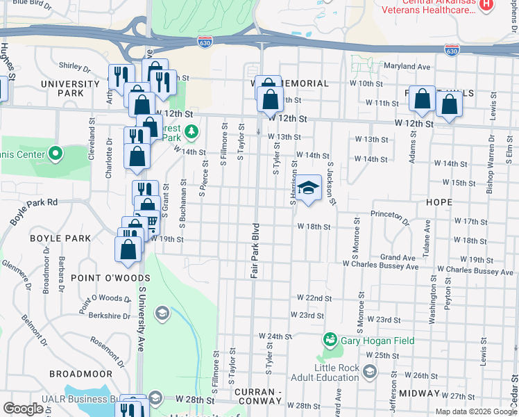 map of restaurants, bars, coffee shops, grocery stores, and more near 1614 South Tyler Street in Little Rock