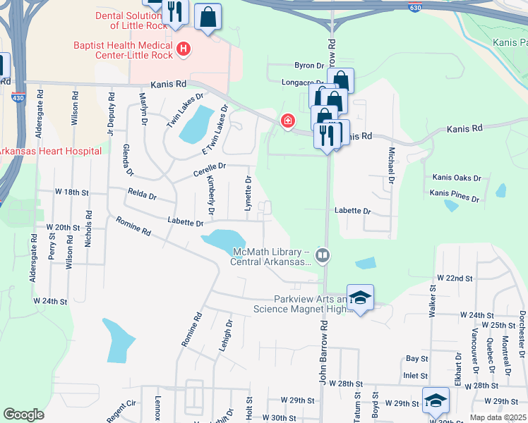 map of restaurants, bars, coffee shops, grocery stores, and more near 1801 Labette Manor Drive in Little Rock