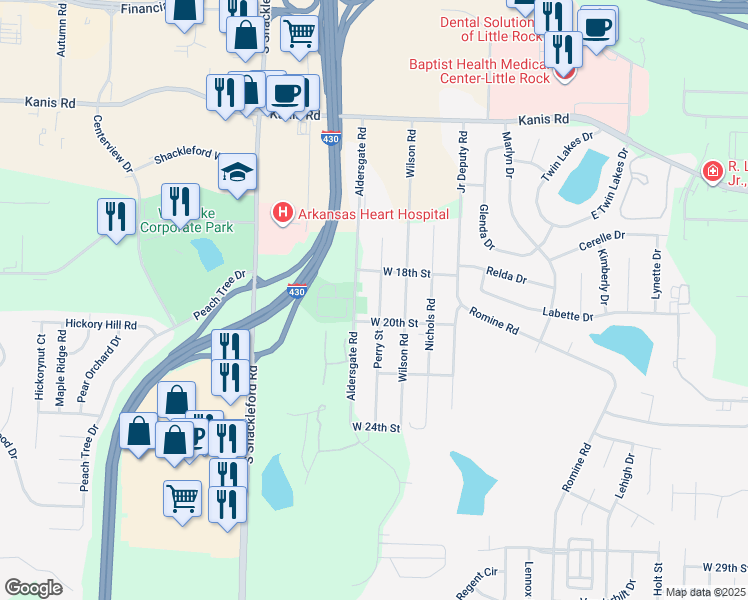 map of restaurants, bars, coffee shops, grocery stores, and more near 1812 Perry Street in Little Rock