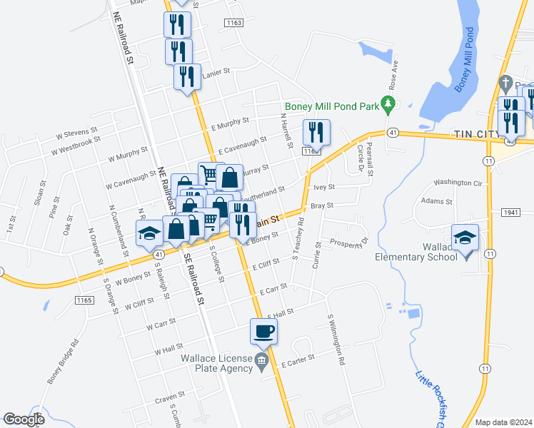 map of restaurants, bars, coffee shops, grocery stores, and more near 409 East Main Street in Wallace